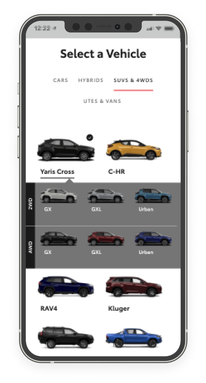select a vehicle phone screen step by step shot